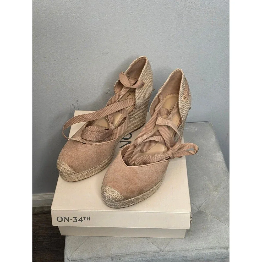 On 34th Mel8nda Buff Nude Espadrille Wedge Sandals with Ankle Tie, Sz 11, NIB